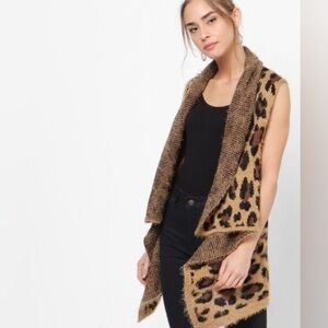 Women’s One Size Eyelash Leopard Sweater Vest Open Front Waterfall Sleeveless